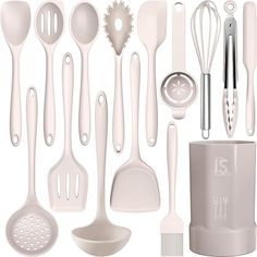 the kitchen utensils are all white in color