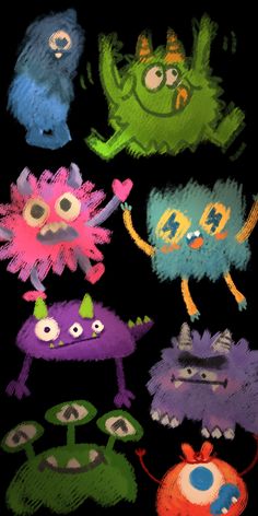 some very cute little monsters in different colors and sizes on a black background by itself