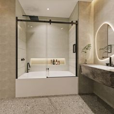 a bathroom with a sink, mirror and bathtub in it's center wall