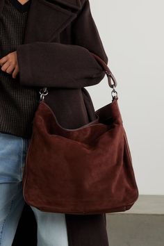 STAUD Perry leather-trimmed suede shoulder bag | NET-A-PORTER Suede Bag Outfit, Uni Bag, Nyc Outfits, Suede Purse, Fall Bags, Suede Bag, Suede Tote, Daily Essentials