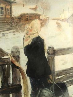 a painting of two people sitting on a bench looking at the snow covered ground behind them