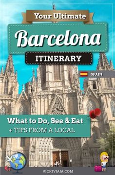 an advertisement for barcelona itinerary with the words what to do, see and eat