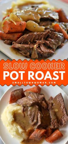 slow cooker pot roast recipe on a plate with mashed potatoes and carrots