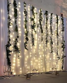 a screen shot of an event with lights and greenery hanging from the back wall