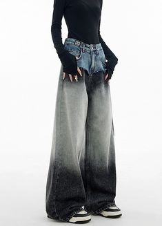 Unique Pants Design, Denim Silhouettes, Washed Denim Pants, Unique Pants, Celebrity Casual Outfits, Concept Clothing, Baggy Clothes, Gray Fabric, Washed Denim