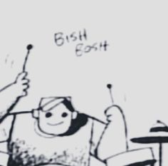 a black and white drawing of a man playing drums with the words bush scott above him