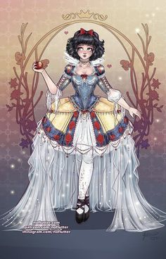 a drawing of a woman dressed as snow white with an apple in her hand and wearing a dress