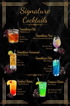 the cocktail menu for signature cocktails is shown in black marble with gold trimming