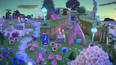 an animated image of a fairy land with flowers, trees, and houses in the background