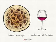 a drawing of a pizza and a glass of wine on a white background with the words fermel susoe i ambro di santa written below it