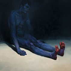 a painting of a man laying on the ground with his feet propped up in front of him