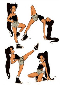 various poses of a woman in shorts and sneakers