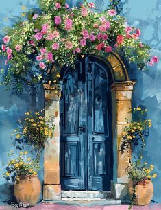 a painting of a blue door with pink flowers on it