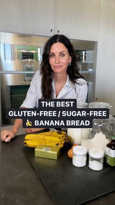 a woman sitting at a counter with bananas and other ingredients in front of her, the best gluten - free / sugar - free banana bread