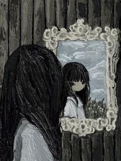 a painting of a girl looking at her reflection in a mirror on a wooden wall