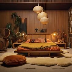 a bed room with a neatly made bed and lots of lights hanging from the ceiling