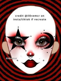 credit @il0vemcr if recreate/repost Moon Clown Makeup, Halloween Alt Makeup, Clown Makeup Black And Red, Brown And White Makeup, How To Do Clown Makeup, Creative Clown Makeup, Clown Makeup Red And Black, Black And Red Clown Makeup