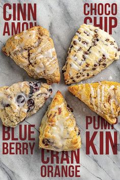 six blueberry cranberry orange scones arranged in a circle on a marble surface