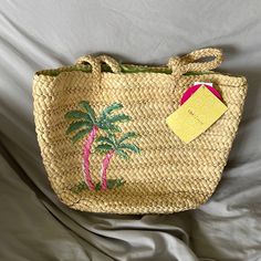 Beach Tote Bag Qvc Brand Quacker Factory By Jeanne Brice Tan Woven Bag With Two Palm Trees Green With With Polka Dots Inside Ties At The Top To Keep Unwanted Bugs Or Sand Out Two Pockets Inside Woven Style Bag Brand New With Tags Summer Tan Straw Bag With Braided Handles, Summer Vacation Tan Straw Bag, Rectangular Tan Straw Bag For Vacation, Tan Rectangular Straw Bag For Vacation, Tan Shoulder Bag For Summer Beach Outings, Tan Shoulder Bag For Summer Beach, Tan Shoulder Bag For Summer Vacation, Casual Sand-colored Bag For Vacation, Tan Straw Tote Bag For Vacation