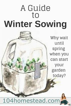 a woman sitting on the ground next to a water jug with plants growing in it and text that reads, a guide to winter sowing why wait until spring when you can start your garden today?