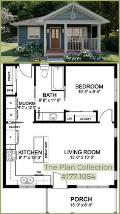 the floor plan for a small house with two bedroom and one bathroom, including an attached porch