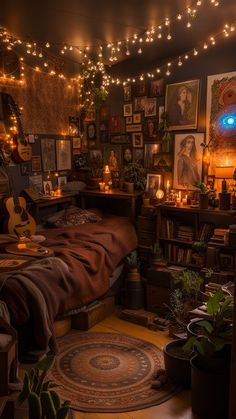 Cozy Garden Hideaway: Floral Haven in Your Bedroom Room Decor Cozy Bedroom, Hippy Boho Room Ideas, Mushroomcore Bedroom, Room Design Bedroom Aesthetic, Studio Apartment Lighting, Whimsical Room Ideas, Space Aesthetic Bedroom, Studio Ideas Apartment, Aesthetic Apartment Bedrooms