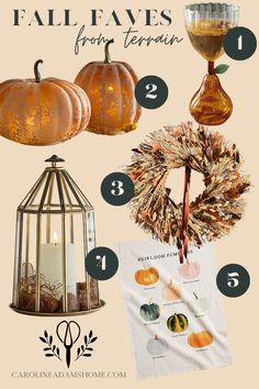 fall decorating guide with pumpkins, candles and other things to decorate for the holiday season