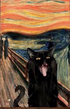 a black cat sitting on top of a wooden table in front of a painting with it's mouth open