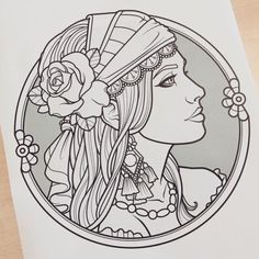 a drawing of a woman with long hair and flowers in her hair, wearing a headdress