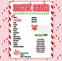 the secret santa question sheet is in red and white with candy canes around it