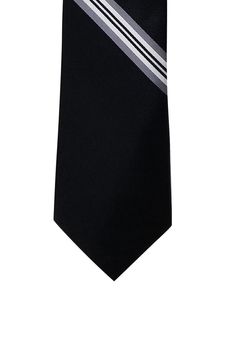 Solid Black with Silver Stripe Traditional Tie We call this GoTie the Double-Taker. Our Solid Black with Silver Stripe Tie is going to have people taking double takes every time you wear it. Made from 100% microfiber fabrics, it’s soft to the touch and pleasing to the eye. This mysterious GoTie has a strongly handsome solid black background, with a single stripe of silver and white mixed at the bottom of the tie. The Solid Black with Silver Stripe Tie is designed to be worn at work, formal event Black Ties For Office, Professional Black Ties For Black Tie Occasions, Modern Fitted Black Suit And Tie Accessories, Classic Black Office Ties, Necktie Pattern, Solid Black Background, Flower Lapel Pin, Work Formal, Gold Tie