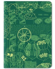 the cell book cover is green and features images of plants, animals, and other things