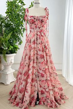 Corset Floral Print Chiffon Dress with Slit and Tie Straps Floral Wedding Outfit Guest, Patterned Bridesmaid, Floral Print Chiffon Dress, Print Chiffon Dress, Wedding Clothes, Floral Print Chiffon, Prom Party, Print Chiffon, Summer Accessories