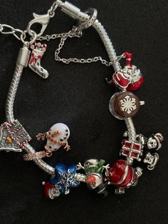 the charm bracelet has many charms on it