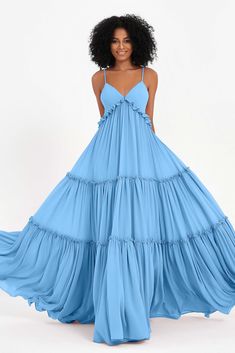 Summer Prom Maxi Dress With Ruffled Skirt, Summer Maxi Dress With Ruffled Skirt For Prom, Summer Floor-length Tiered Dress With Ruffles, Elegant Blue Tiered Dress, Tiered Ruffled Skirt Dresses For Bridesmaid, Flowy Dress With Ruffled Straps For Prom, Elegant Flowy Tiered V-neck Dress, Summer Prom Maxi Dress With Tiered Skirt, Elegant Flowy V-neck Tiered Dress