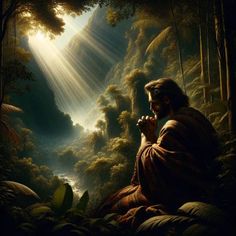 a painting of jesus sitting in the middle of a forest with his hands clasped to his chest