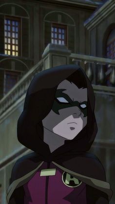 the animated character is wearing a purple outfit and black hoodie, while standing in front of an old building