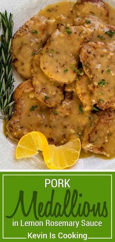 pork medallions in lemon rosemary sauce on a plate