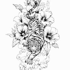 an ink drawing of a tiger surrounded by flowers