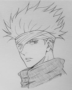 a drawing of an anime character with his hair pulled back and wearing a bandana