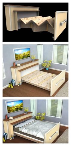 three different views of a bed with drawers on each side and a tv in the middle