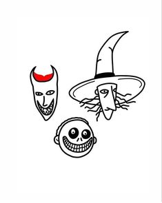 three cartoon faces with hats on them and one has a skull in the middle, while another