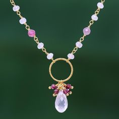 This sweet and feminine necklace is designed and crafted by Thai artisan Somsiri Juntamin. The artisan adorns a 24k gold plated sterling silver chain with faceted beads of rose quartz and rosy tourmaline. A hammered gold-plated ring at the center suspends a nine-carat faceted briolette of rose quartz as well as faceted round beads of rich garnet. Feminine Necklace, Hammered Gold, Gemstone Necklace Pendant, Plated Ring, Gold Plated Rings, Faceted Bead, Sterling Silver Chain, Gold Plated Sterling Silver, Gemstone Pendant