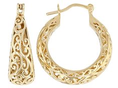 Artisan Collection of Turkey™ 18k yellow gold over sterling silver filligree hoop earrings. Measures approximately 1.25"L x 0.63"W. Saddleback backings. Small Hoop Filigree Jewelry Gift, Ornate Hoop Jewelry For Pierced Ears, Gold Filigree Small Hoop Jewelry, Filigree Hoop Jewelry For Gift, Filigree Hoop Jewelry As A Gift, Filigree Hoop Jewelry Gift, Gold Hoop Earrings With Hinged Closure As A Gift, Gold Hinged Jewelry As Gift, Hinged Gold Jewelry As A Gift