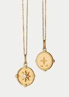 Monica Rich Kosann Mini Travel Compass Charm Necklace with Diamond Bezel at Center - Bergdorf Goodman Classic Medallion Necklaces With Charms, Timeless Charms Necklace For Anniversary, Timeless Charm Necklace For Anniversary, Classic Necklaces With Charms And Round Pendant, Classic Necklace With Round Pendant Charms, Diamond Charm Medallion Necklaces, Diamond Charms Medallion Necklace, Diamond Medallion Necklace With Charms, 14k Gold Medallion Necklace With Charms