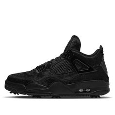 Air Jordan 4 Golf 'Black Cat' CU9981-001 (AJ4/SNKR/Casual/Unisex/Low Top/Leather/Shock-absorbing) Cat Sneakers, Nike Air Max Black, Black Tongue, Nike Air Jordan 4, Marathon Running Shoes, Fur Fabric, Max Black, Air Jordan 4, Air Jordan 4 Retro