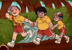 three children are playing in the woods on their cell phones and one child is running