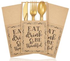 three napkins with gold forks and spoons on top of each other in front of a white background