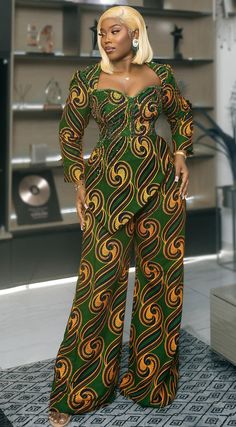 African print style #africanfashion. Classic Outfit Women, African Print Dress Styles, Ankara Two Piece, African Print Jumpsuit, Classy Short Dresses, African Attire Dresses