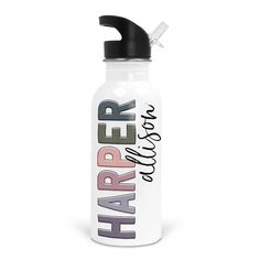 a water bottle with the words harper on it